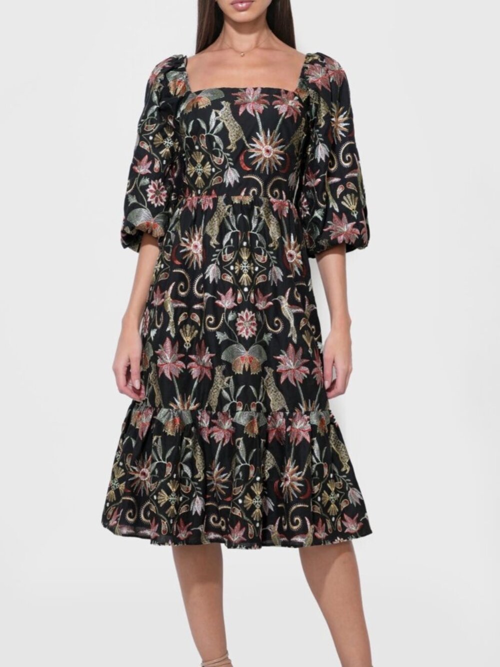 NWT ADELYN RAE Lydia Floral Embroidered Puff Sleeve Midi Dress Black Size XS